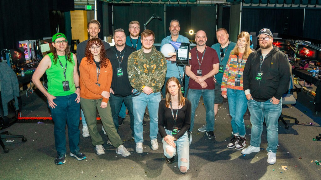Group photo of the Hermits and friends from the Hermitcraft community who streamed in-person at the Gamers for Giving 2024 LAN party, supporting Gamers Outreach GO Karts.