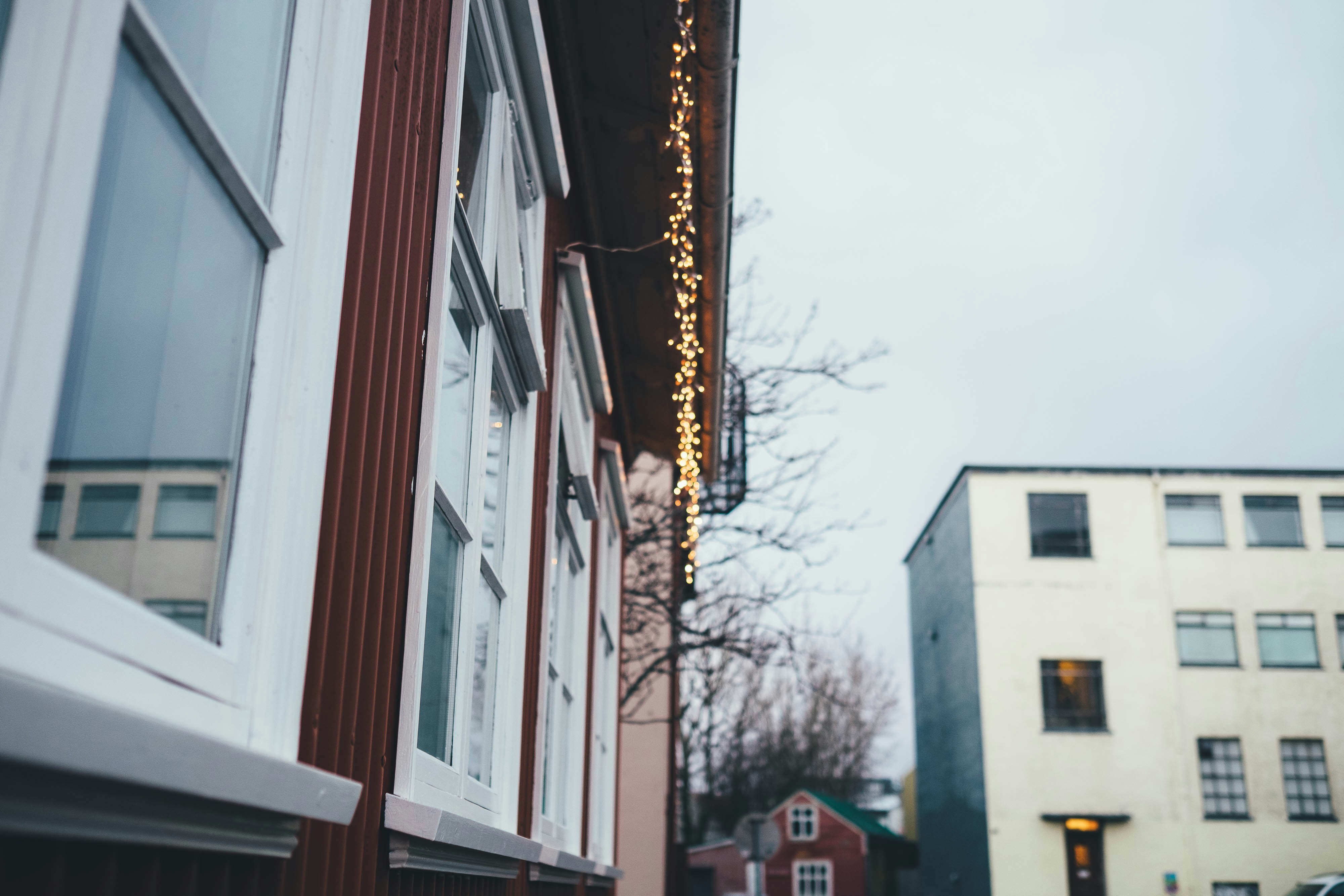 Classic Icelandic corrugated house decorated with fairy lights.