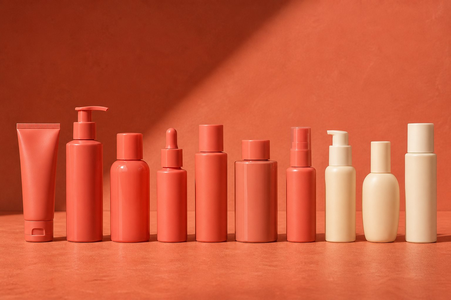 Ten unbranded skincare bottles in a row, seven in coral tones and three in pale cream