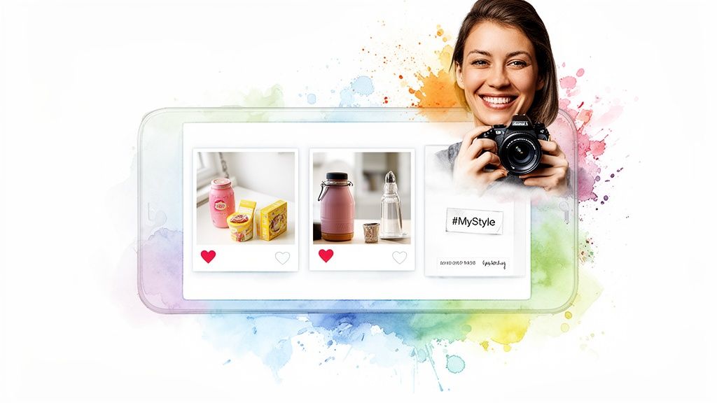 A smiling woman holding a camera, partially inside a smartphone displaying creative product images and colorful splashes.