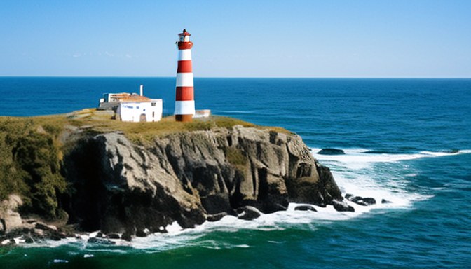 Draw a low aerial view of a tall red-and-white striped lighthouse on a rocky headland above the sea, bright midday.