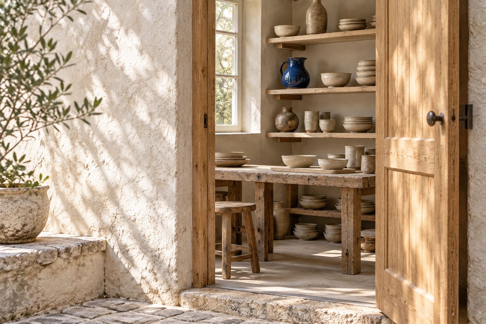 An open oak doorway into a light ceramics workshop