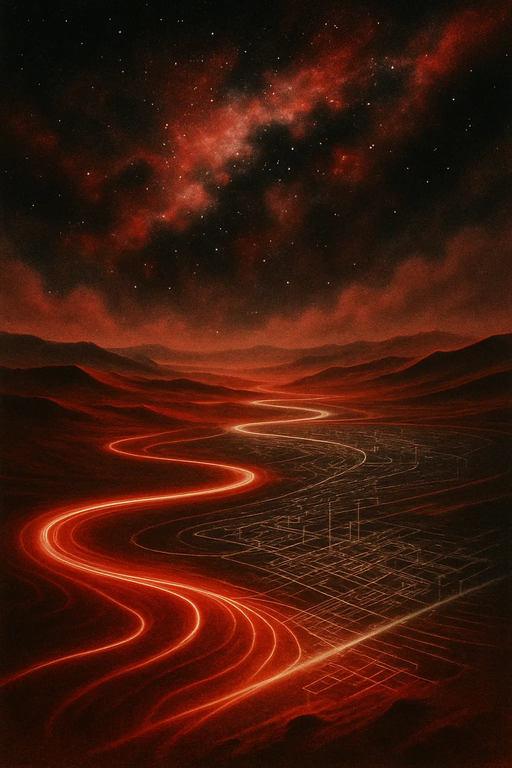 A winding red path under a starry sky, symbolizing RockN' Socials Digital Marketing.