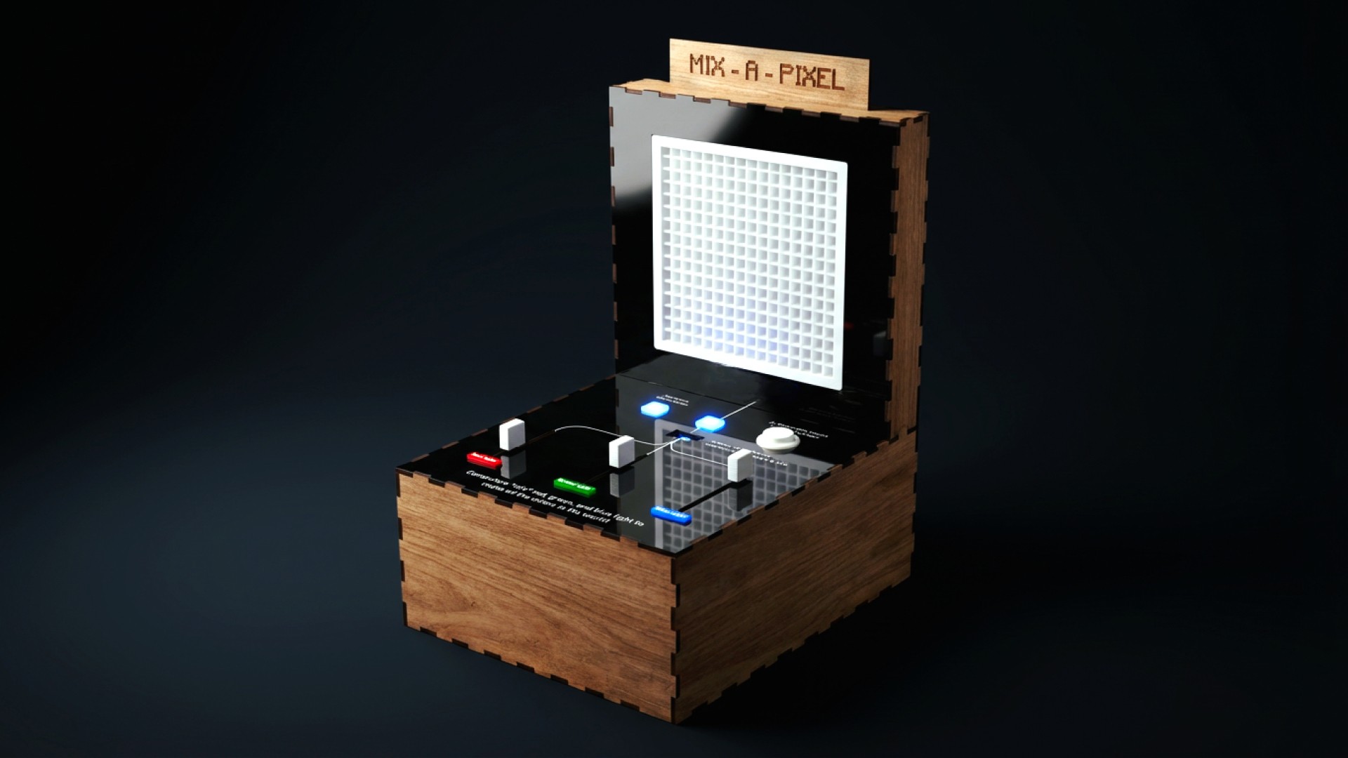The Mix A Pixel wooden box with an LED grid screen and controls