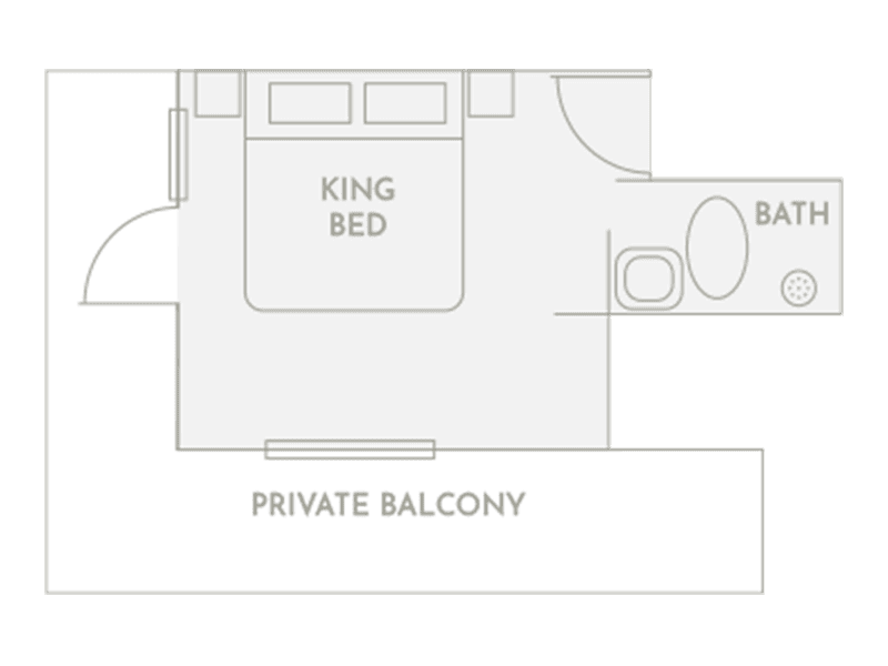 Floor plan of Club Vieques Room 10 showing layout with king bed, bath, and private balcony