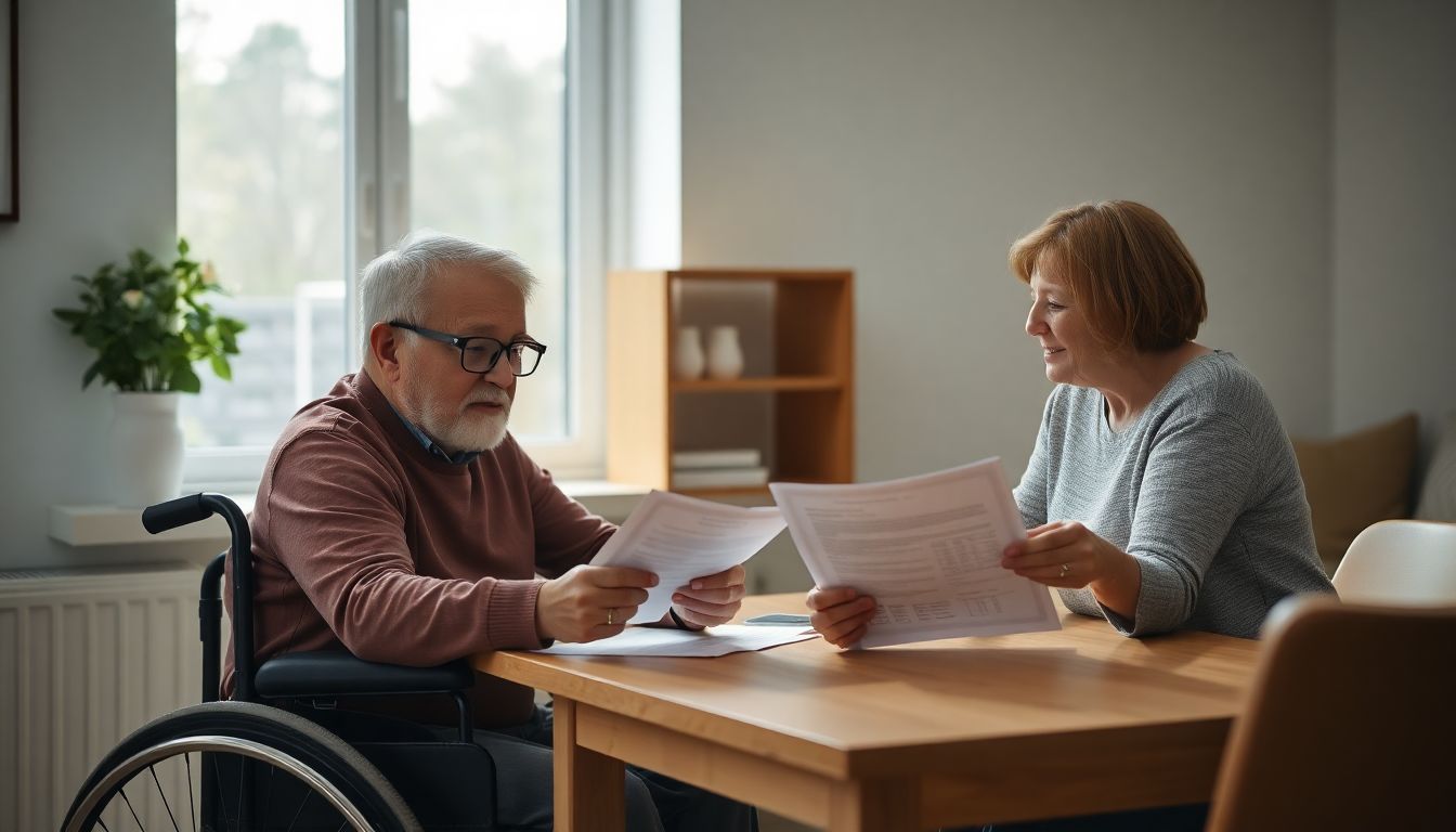 Person im Rollstuhl und Begleitperson sitzen an einem Tisch und prüfen Unterlagen in einer hellen, barrierefreien Wohnung bei Tageslicht.