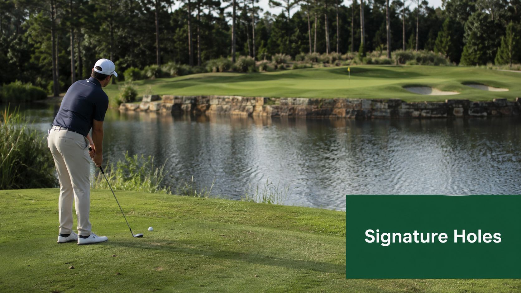 A professional golfer preparing for a shot at the scenic Players Club golf course in Muncie, Indiana.