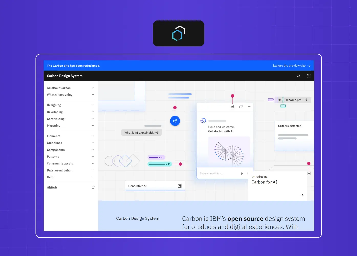 Screenshot of IBM's Carbon Design System documentation highlighting AI integration and reusable design components.