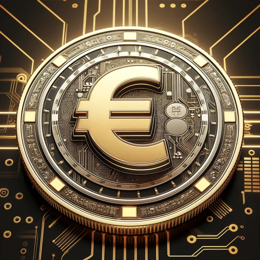 A modern digital Euro coin with a metallic gold finish, styled like Bitcoin, featuring the Euro symbol (€) in the center surrounded by intricate digital circuit patterns, with a subtle digital grid and blockchain elements in the background.