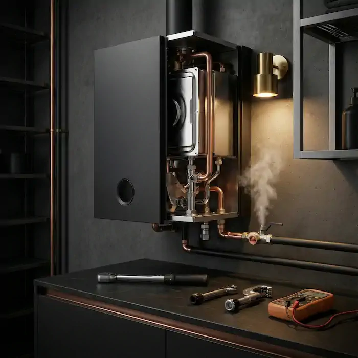 Chaudière murale moderne ouverte avec tuyauterie en cuivre, scène d’installation chauffage premium dans un environnement sombre.
