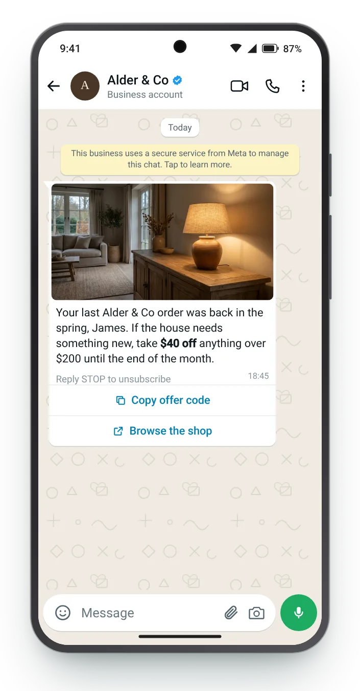 A comeback offer behind a copy-code button: WhatsApp win-back message on an Android phone