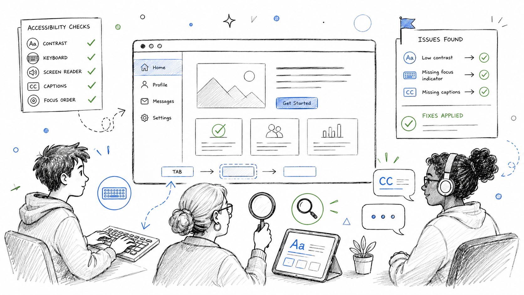 A team of designers collaborates on web accessibility testing, using tools to check contrast and captions.