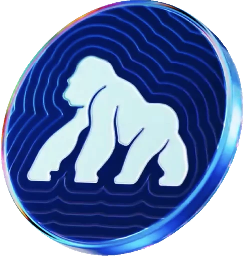 The blue coin logo prominently displays a stylized outline of a gorilla set against a wavy backdrop, subtly incorporating elements reminiscent of ApeCoin's vibrant community ethos.