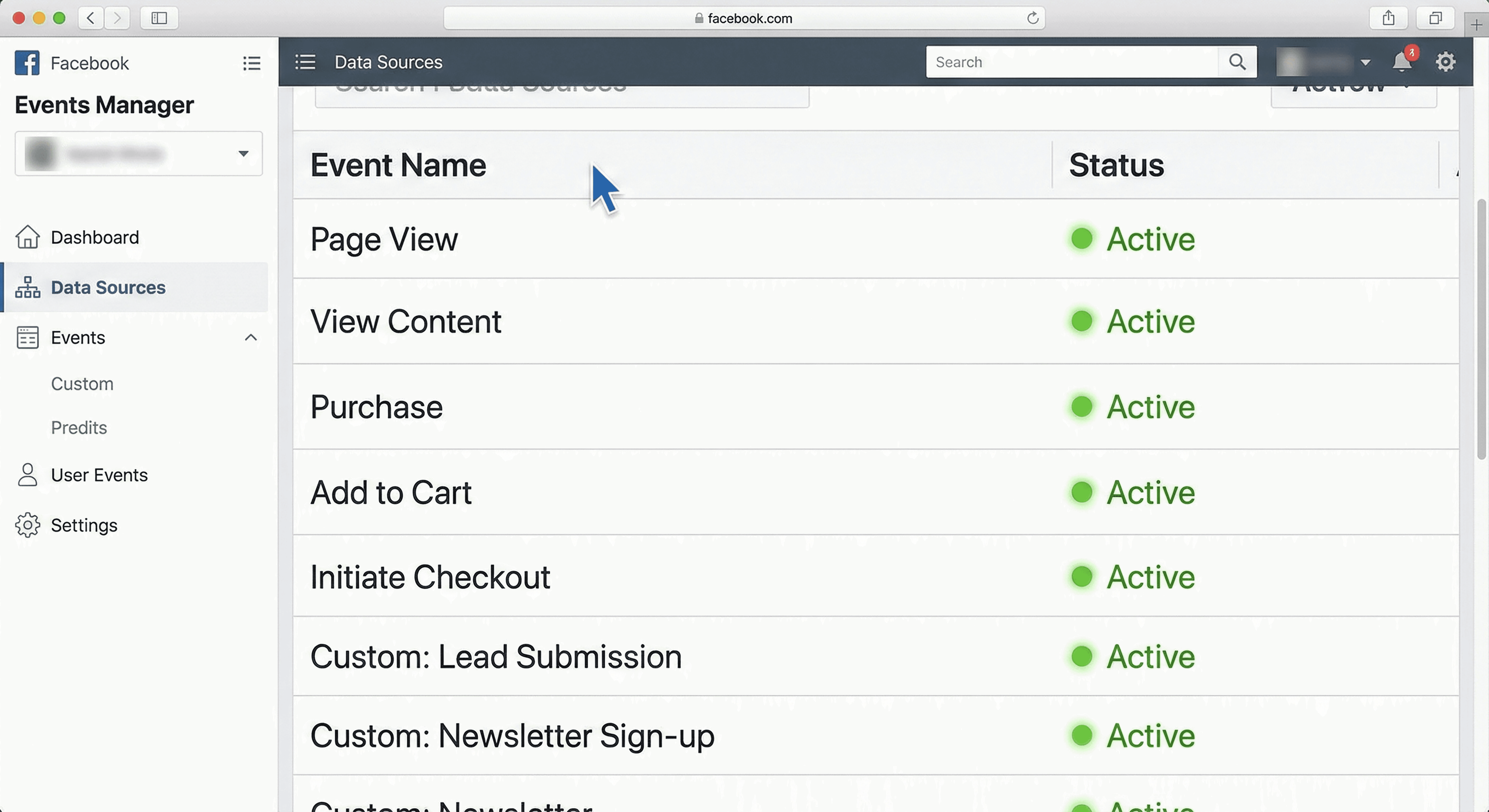 Active facebook custom event and standard events list in events manager.