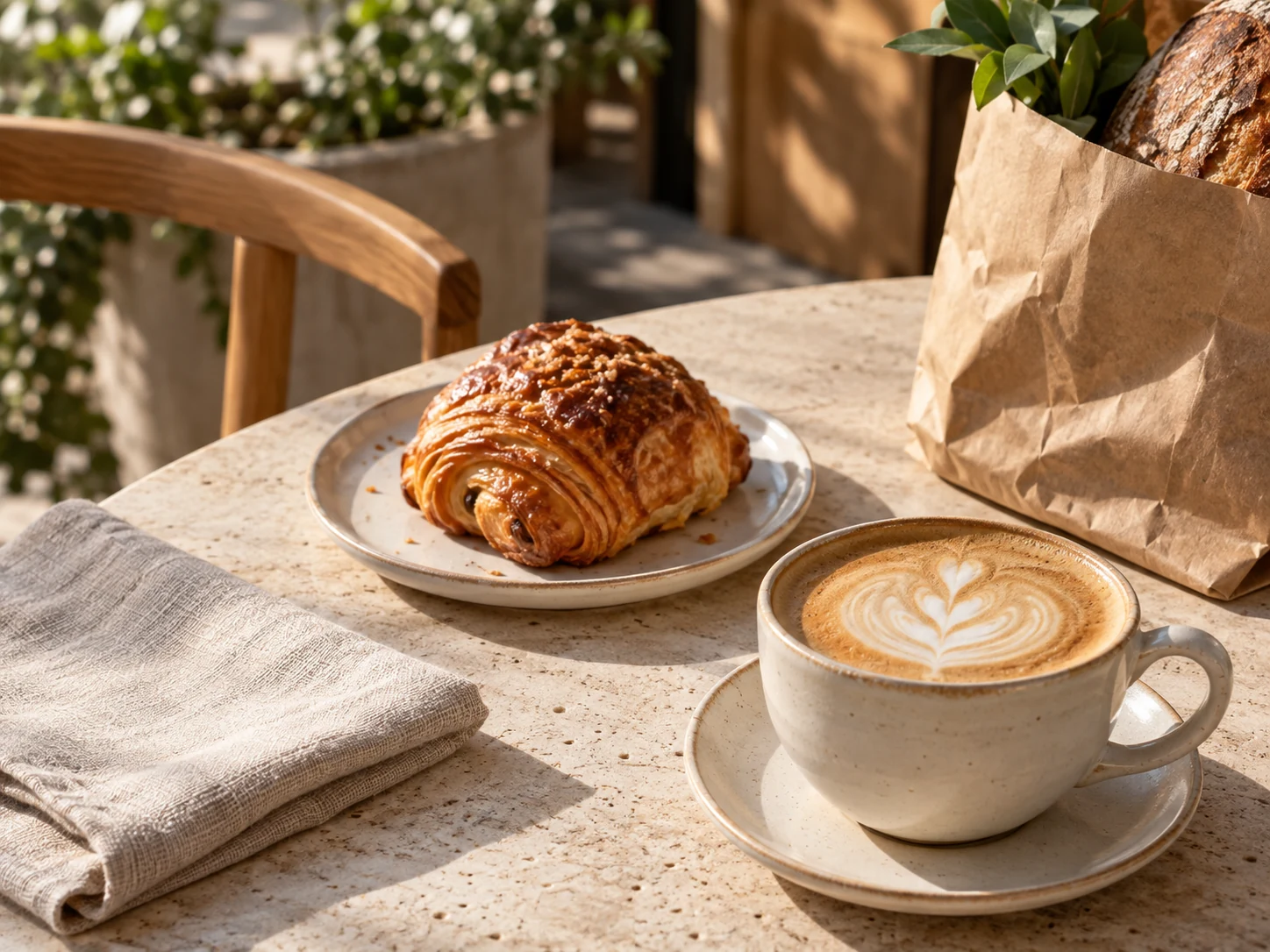 Coffee, a pastry and groceries in warm daylight