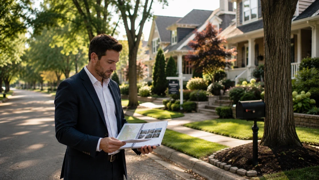 A real estate professional reviewing neighborhood turnover rate calculations and digital asset maps on a modern tablet interface.