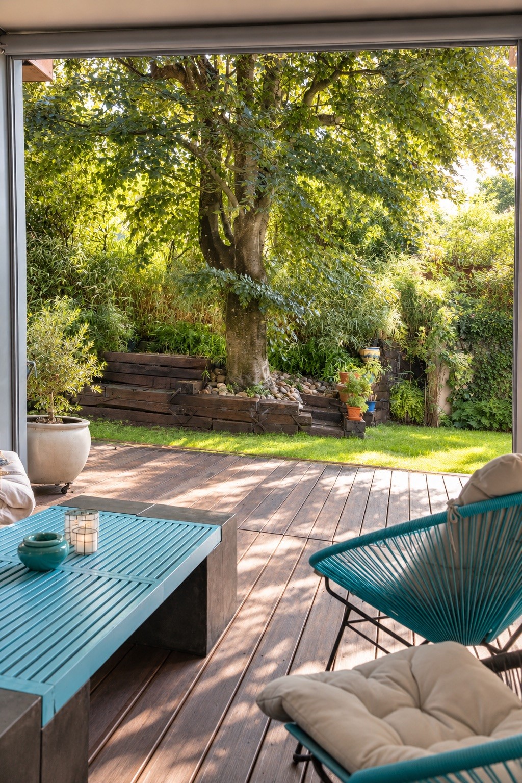 Terrasse en bois et jardin ombragé, appartement à vendre à Cheseaux-sur-Lausanne