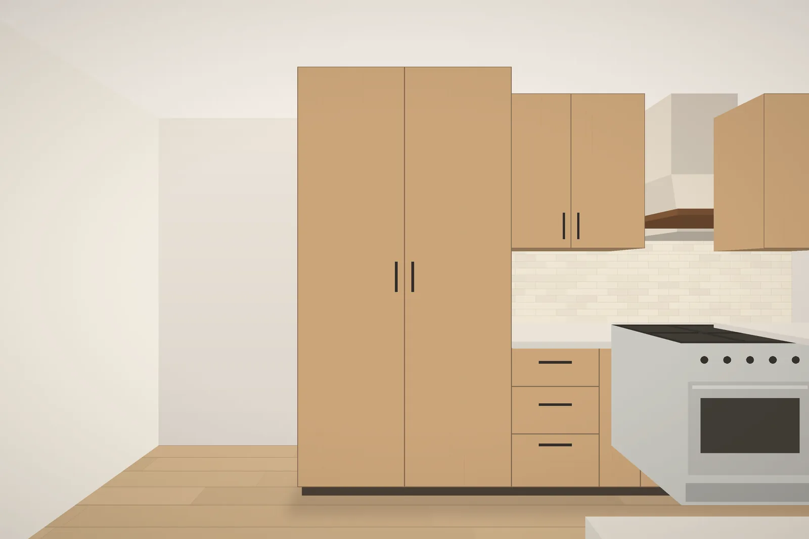 Full-height pantry wall with oak doors