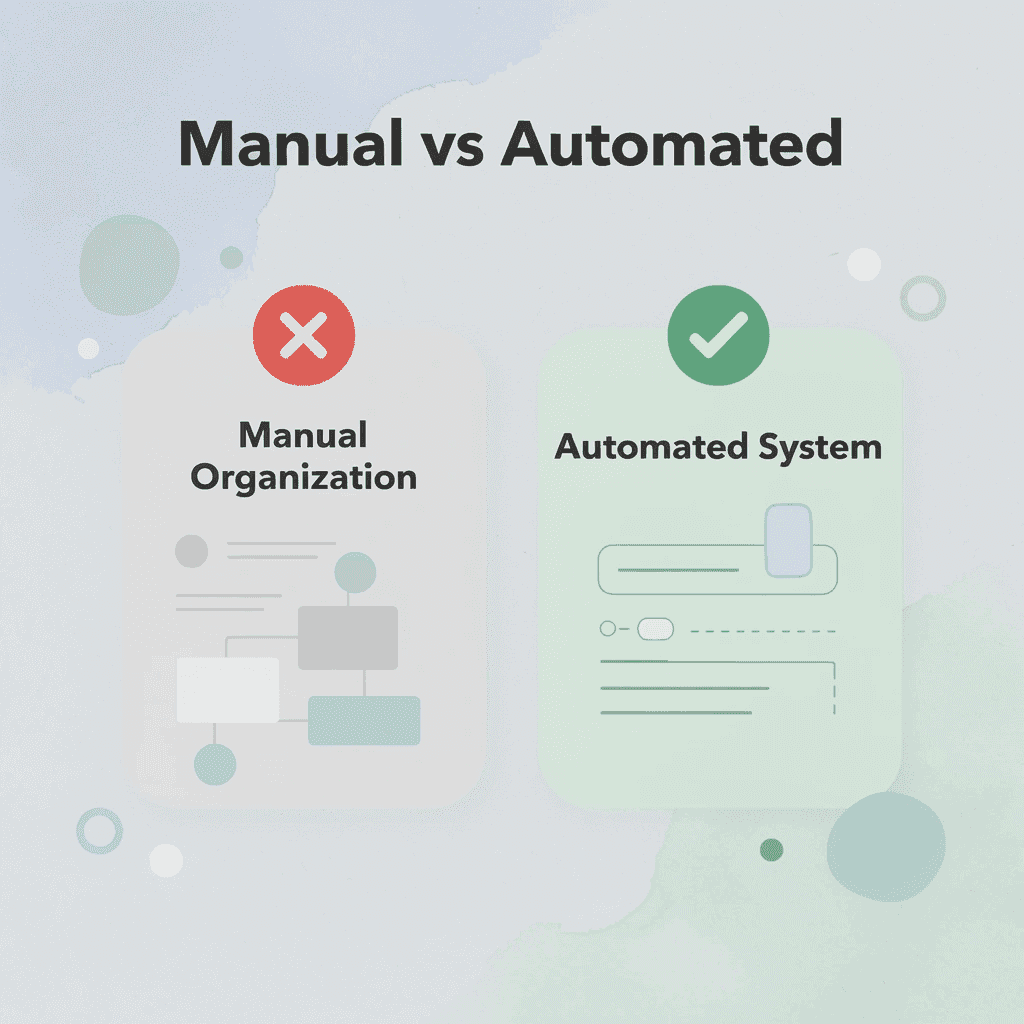 Comparison showing transformation from manual organization to automated system