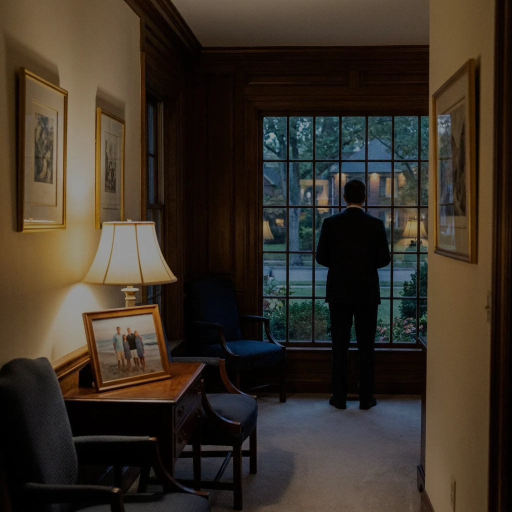 A person in a dark suit stands facing a large window at dusk in an elegant, wood-paneled room. Framed artwork, a table lamp, upholstered chairs, and a family photograph decorate the warmly lit interior, with a garden and neighboring house visible outside.