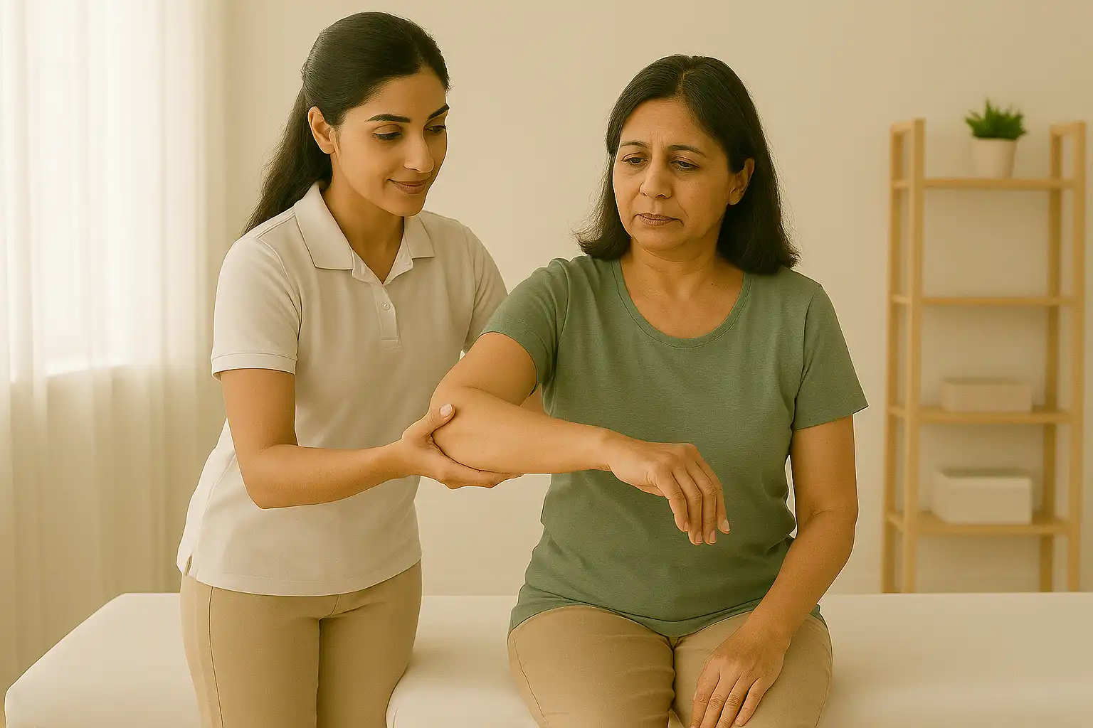 Physiotherapist performing manual elbow therapy on a woman to improve joint mobility and reduce muscle pain.