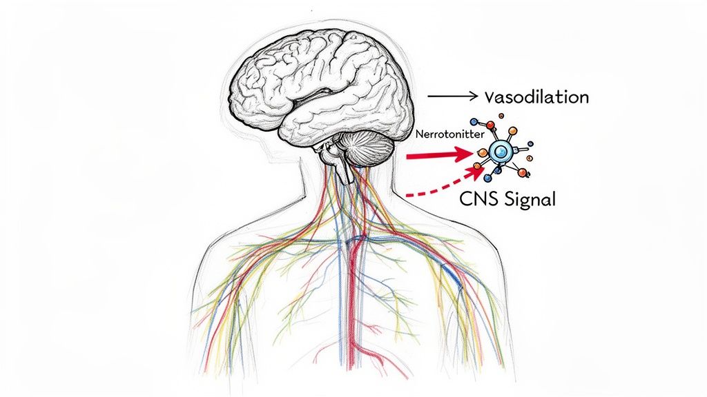 Illustration of the human brain, nervous system, and a neurotransmitter mechanism causing vasodilation.