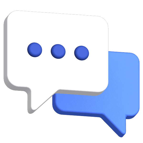 3D white and blue overlapping chat bubbles with three dots.
