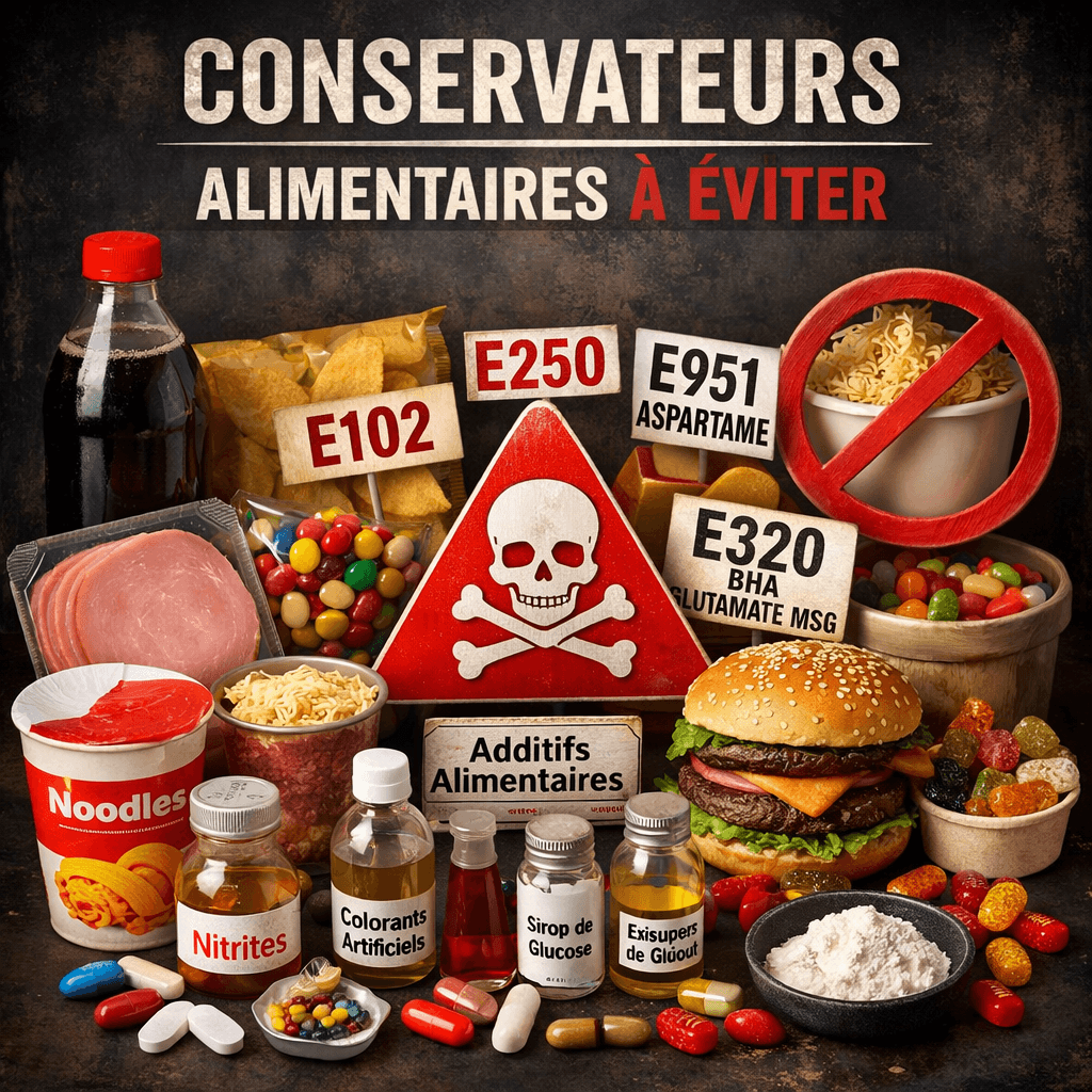 Conservateurs alimentaires à éviter, signaux de danger avec additifs comme E102, E250, E951, snack junk food, santé.