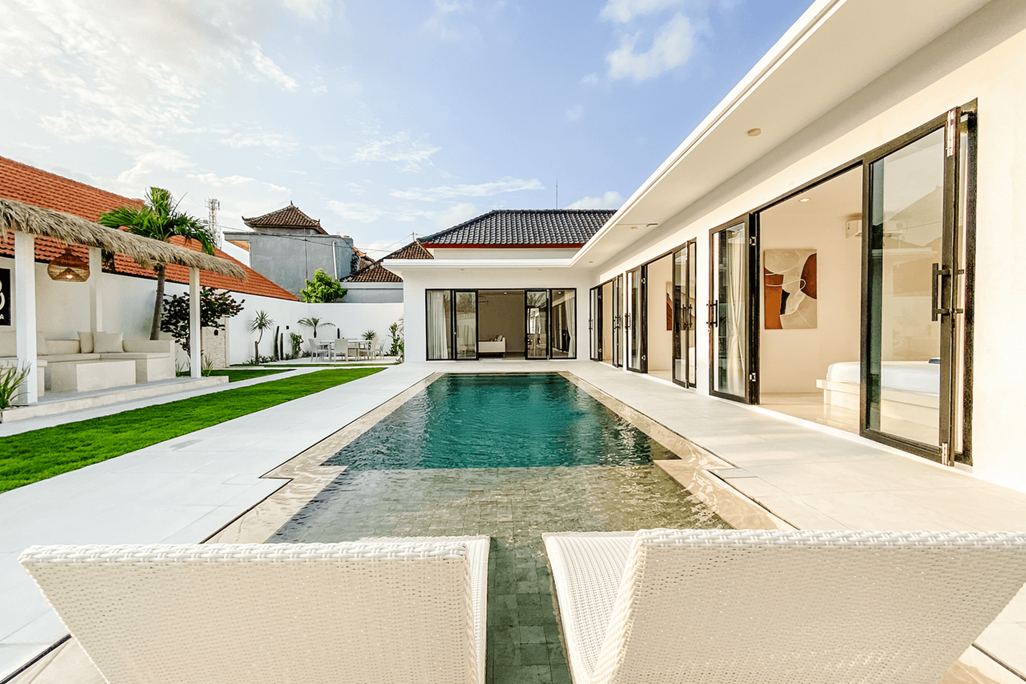 Exclusive Kerobokan property featuring a large swimming pool. Contact our real estate agency for villa viewings.