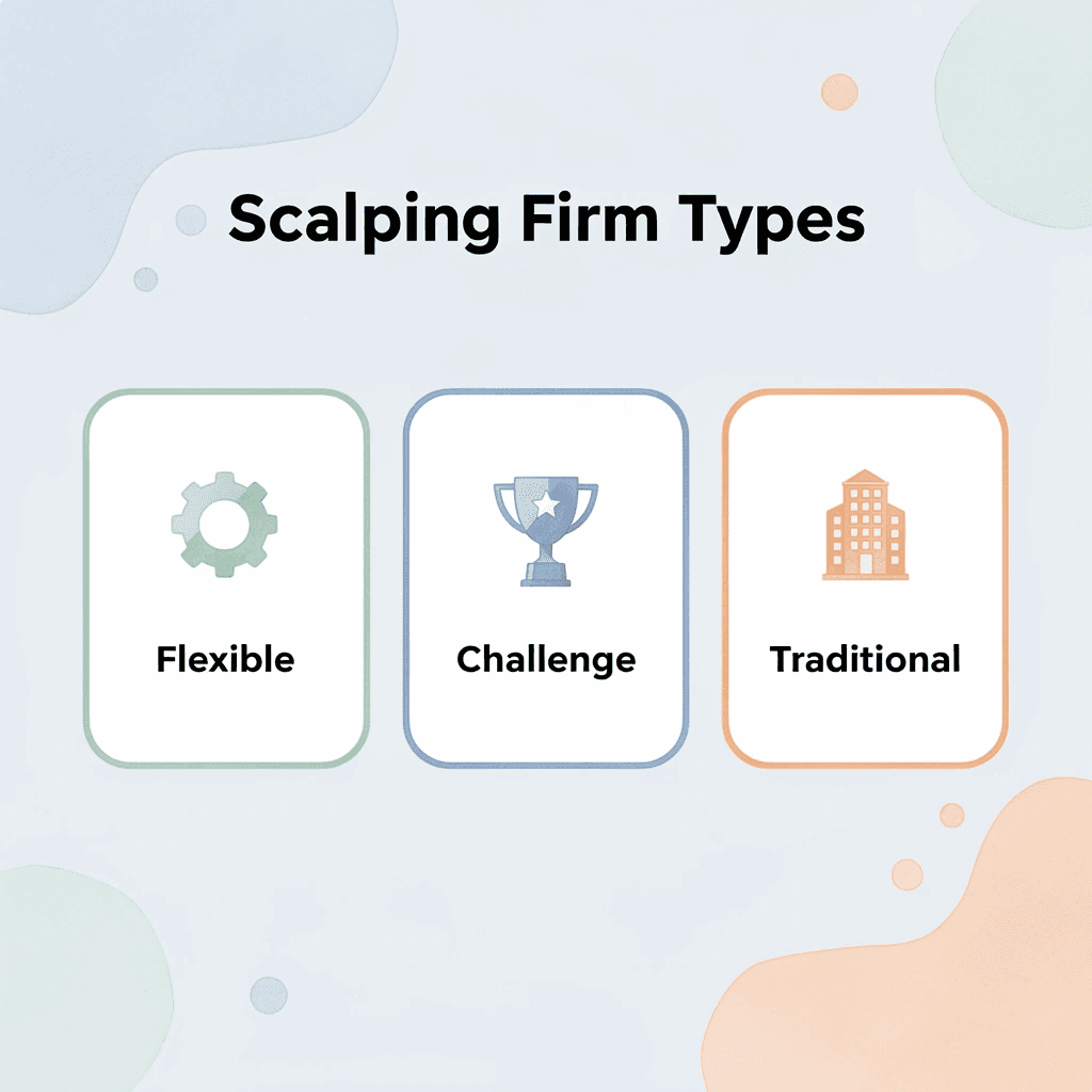 Three cards showing different prop firm types for scalping strategies