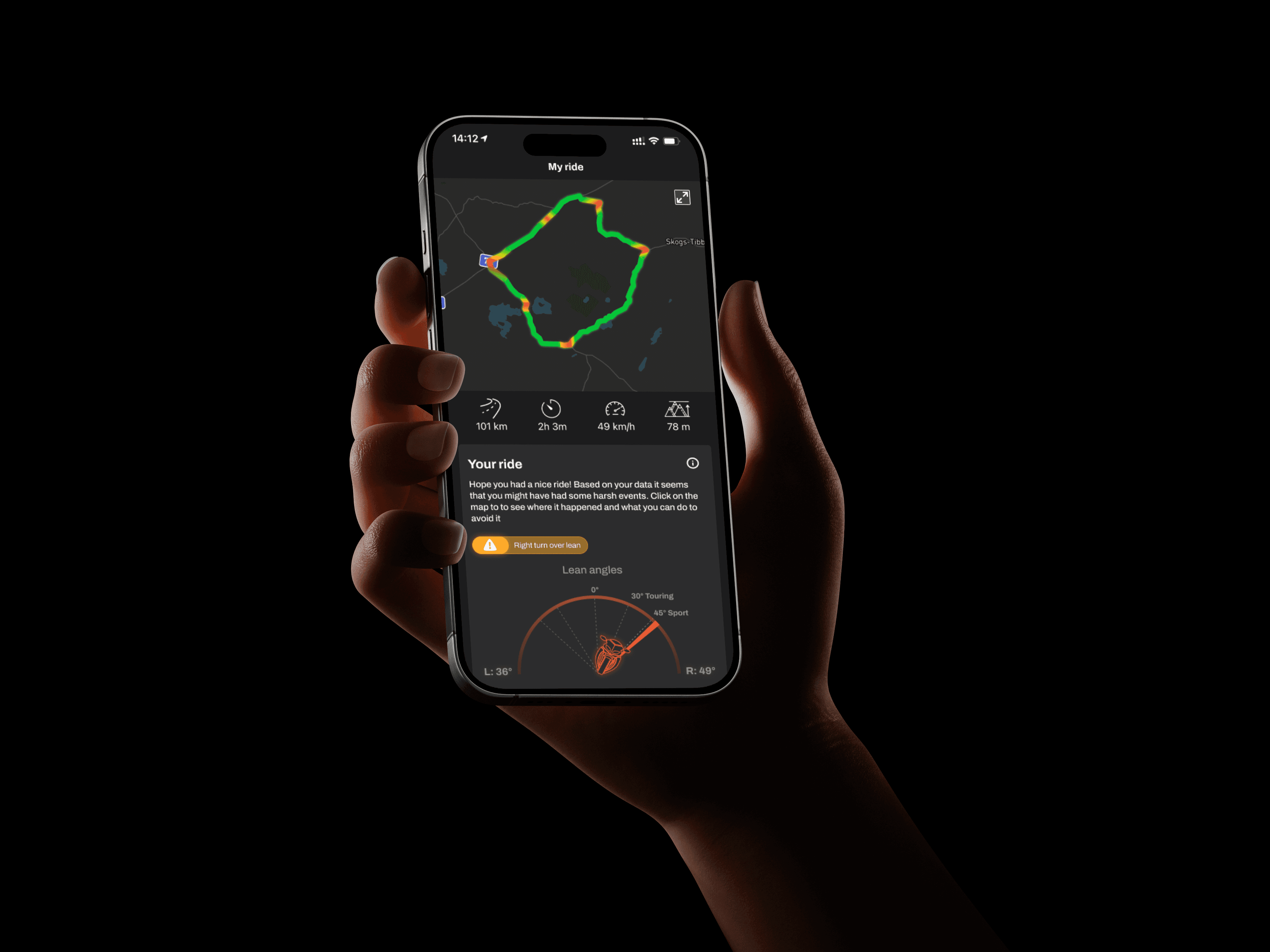 Motorcycle ride summary screen showing trip statistics, lean angle data, a route map, and highlighted sections indicating potentially dangerous riding behavior.