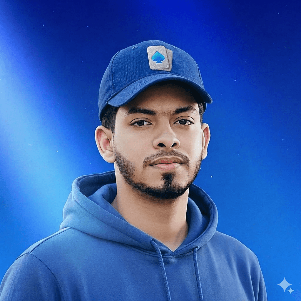 Man in blue hoodie and baseball cap with card suit logo.
