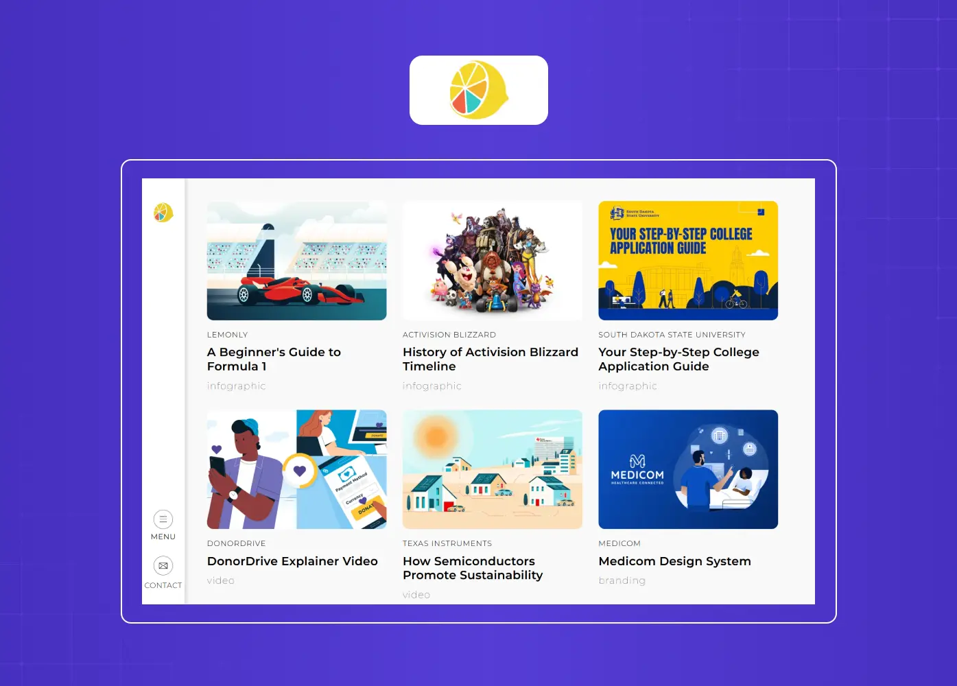 Portfolio website featuring infographic, illustration, and visual storytelling projects organized in a clean gallery format.