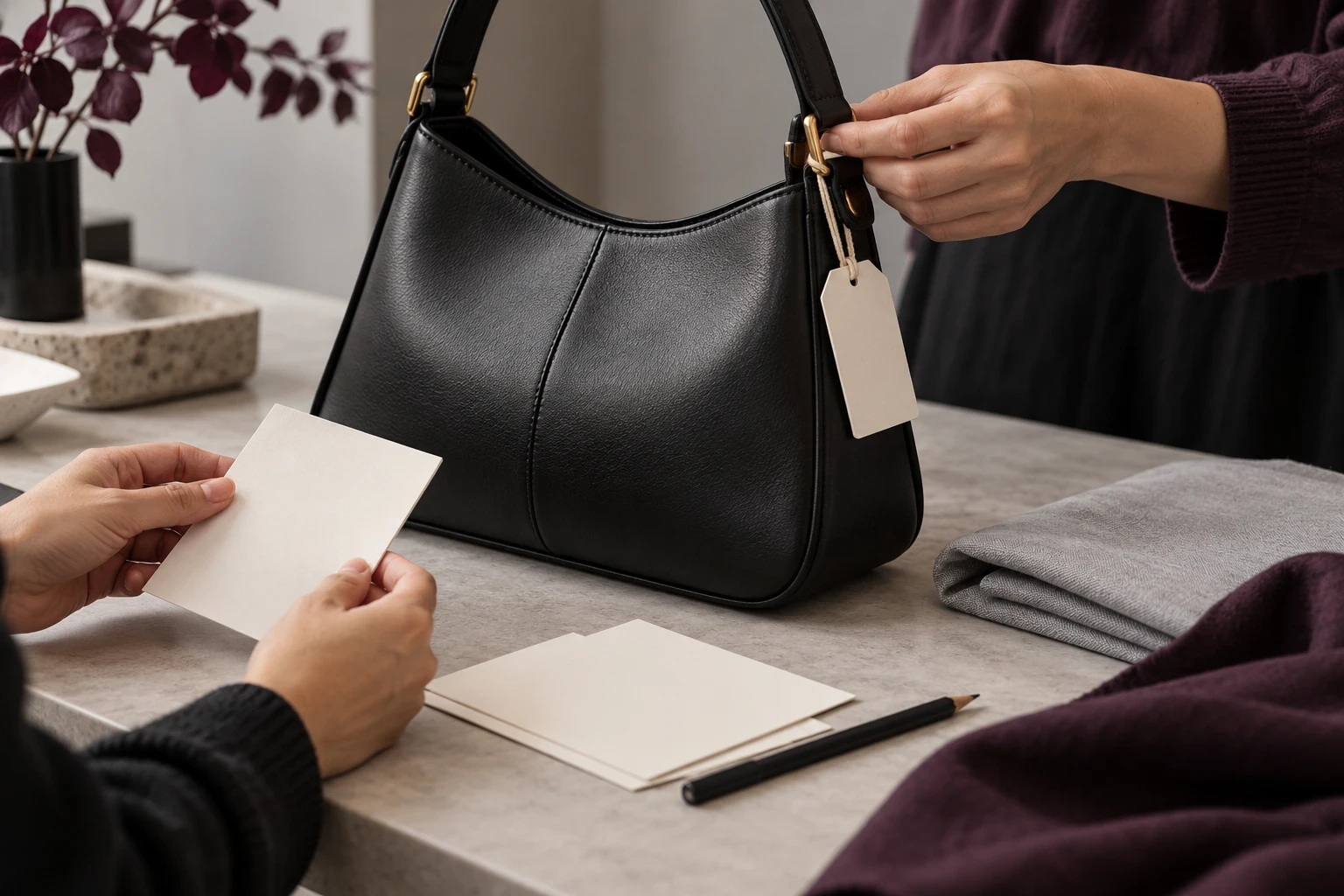 Hands inspect the hardware of a black bag beside an unmarked sample tag and blank review cards