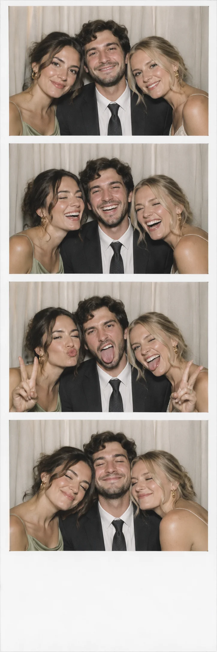 Four candid portraits of friends at a wedding
