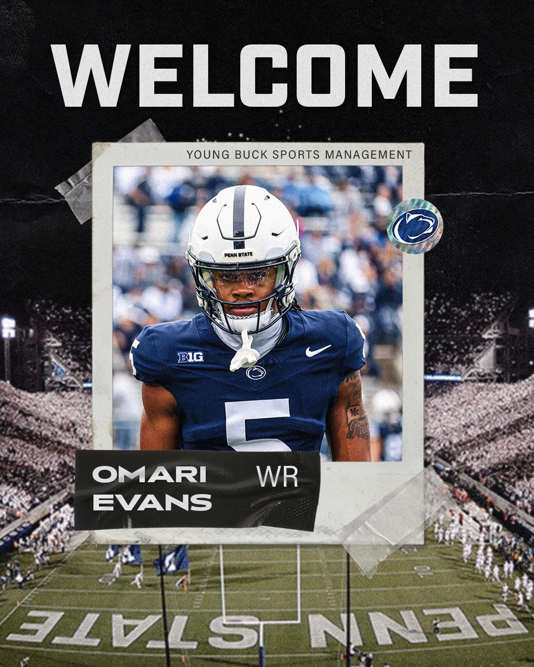 A Polaroid of Penn State WR Omari Evans in a blue uniform, taped over a stadium crowd background with "WELCOME" in bold white text.