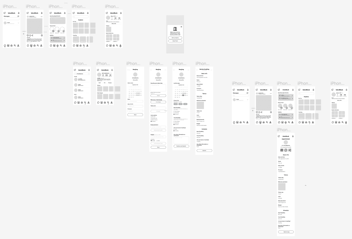 Low fidelity wireframes of Inkedbook screens