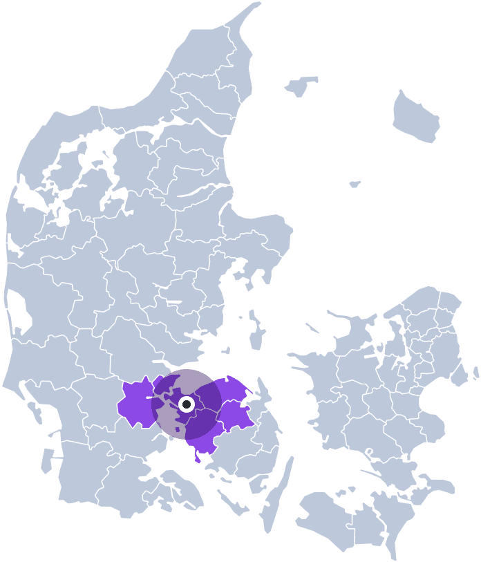 Landkort af Danmark som viser hvor Schmidts Varmepumper kører serviceeftersyn