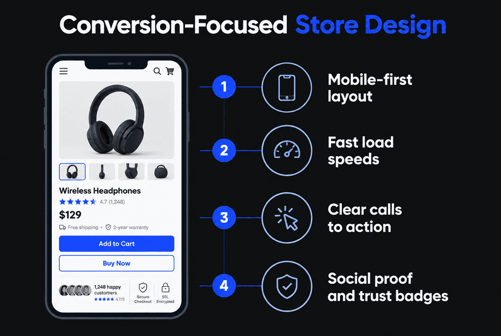Infographic of conversion-focused e-commerce design: clear product photos, prominent add-to-cart, reviews, shipping information and trust badges
