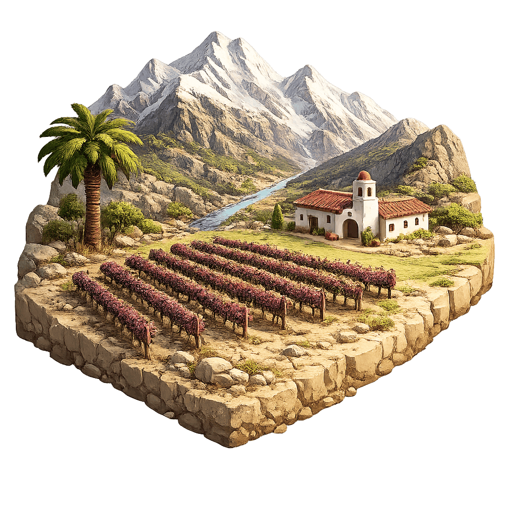 Artistic illustration of the Cachapoal Valley wine region.