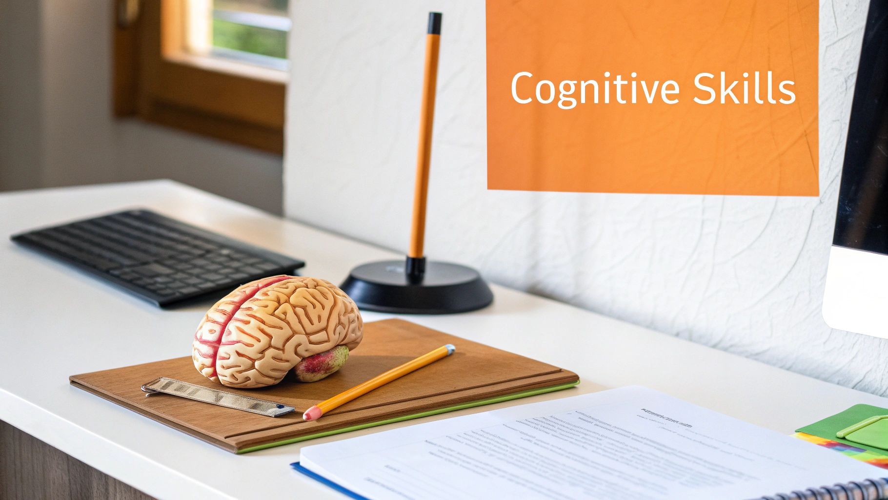 A desk with a brain model, keyboard, pencil, and a sign displaying 'Cognitive Skills'.