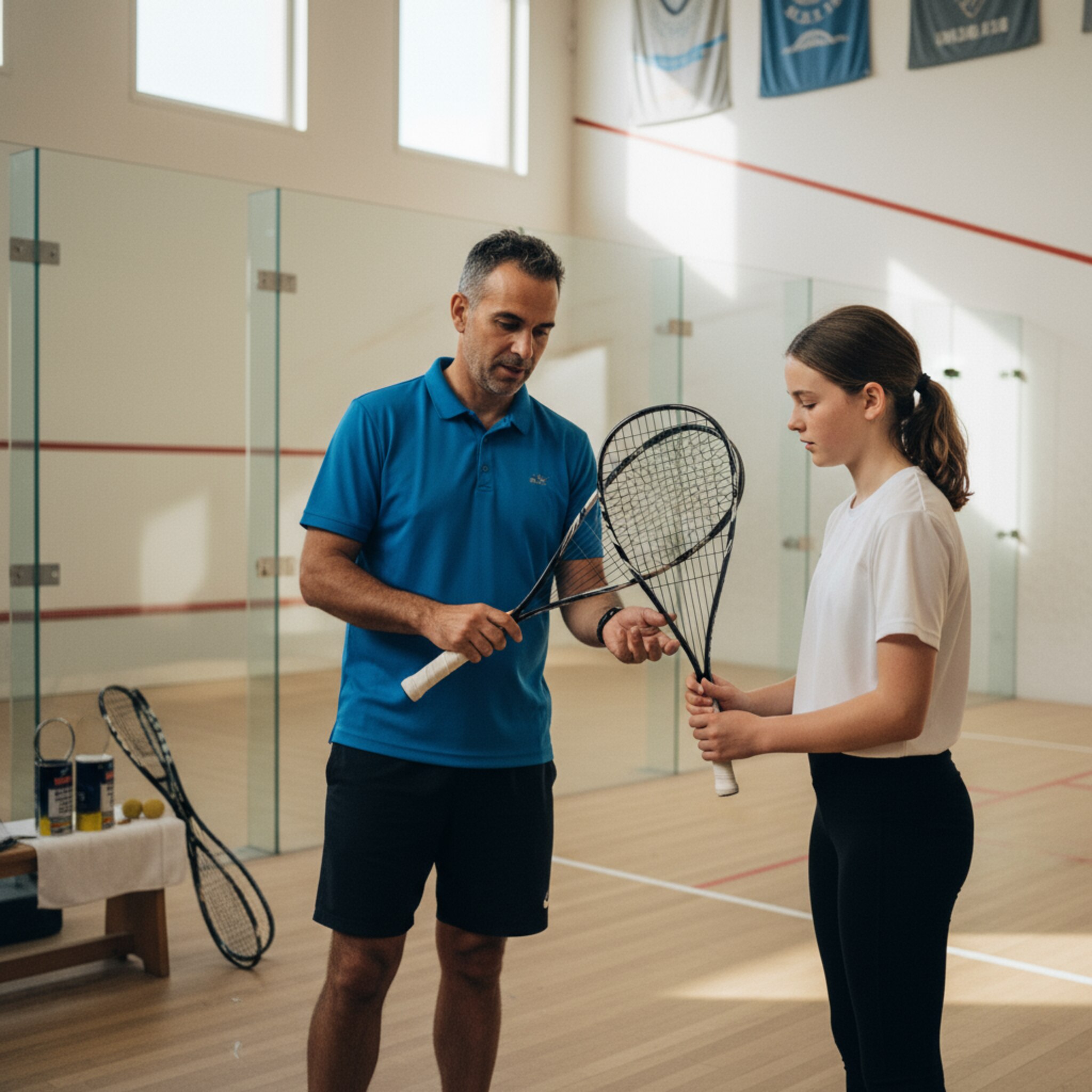 Ein Clubtrainer korrigiert einem Jugendlichen die Griffhaltung, während warmes Tageslicht durch hohe Fenster fällt. Neben dem Court liegen ordentlich sortierte Schläger und frisch geöffnete Dosen mit Bällen. Im Hintergrund hängen dezente Vereinsbanner. Die Szene wirkt konzentriert, ruhig und bereit für den nächsten intensiven Drill.