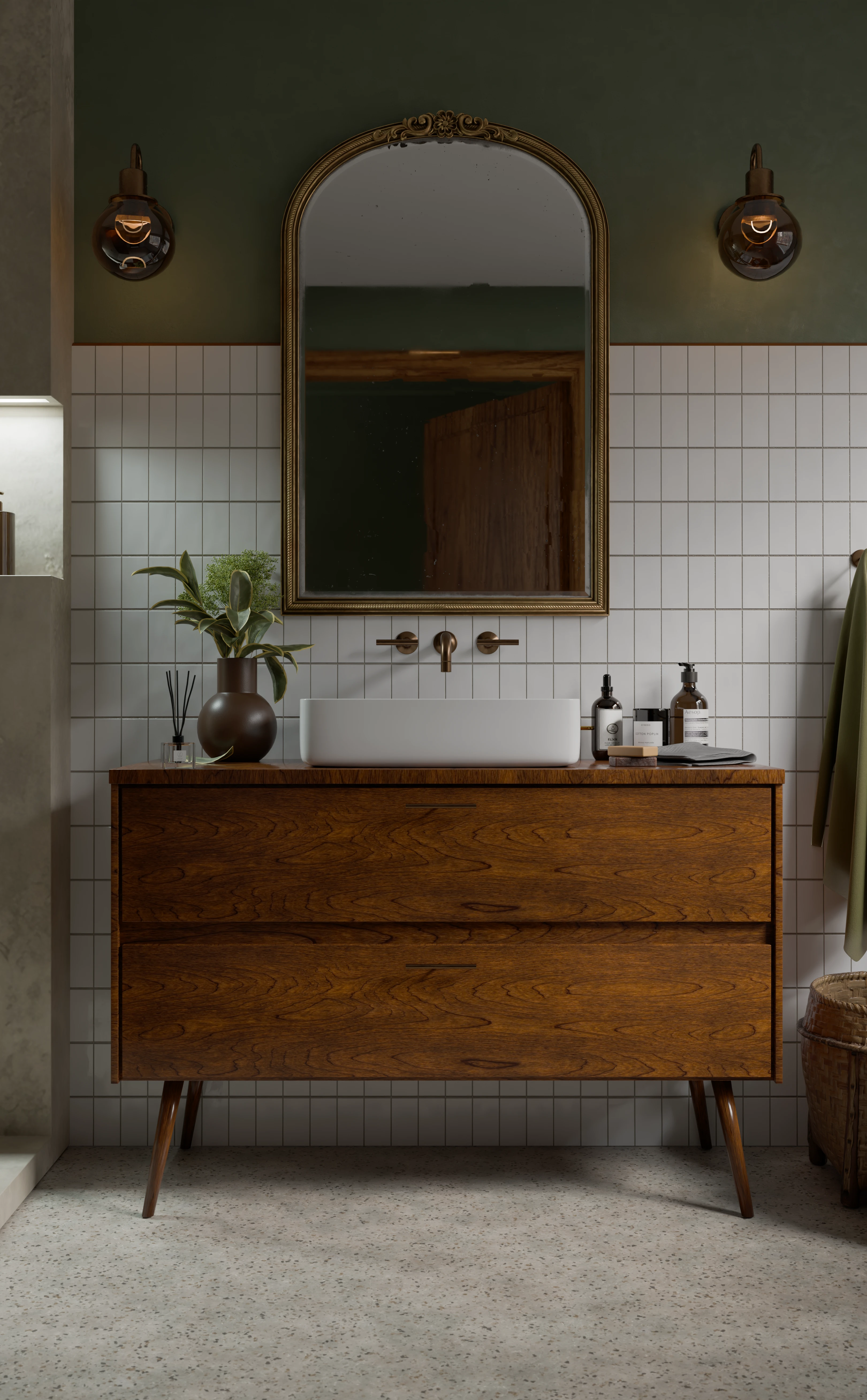 Rendu 3D d'un élégant meuble-lavabo double vasque en bois marron avec un miroir en forme d'arche au fini doré au-dessus, flanqué de deux appliques murales modernes.