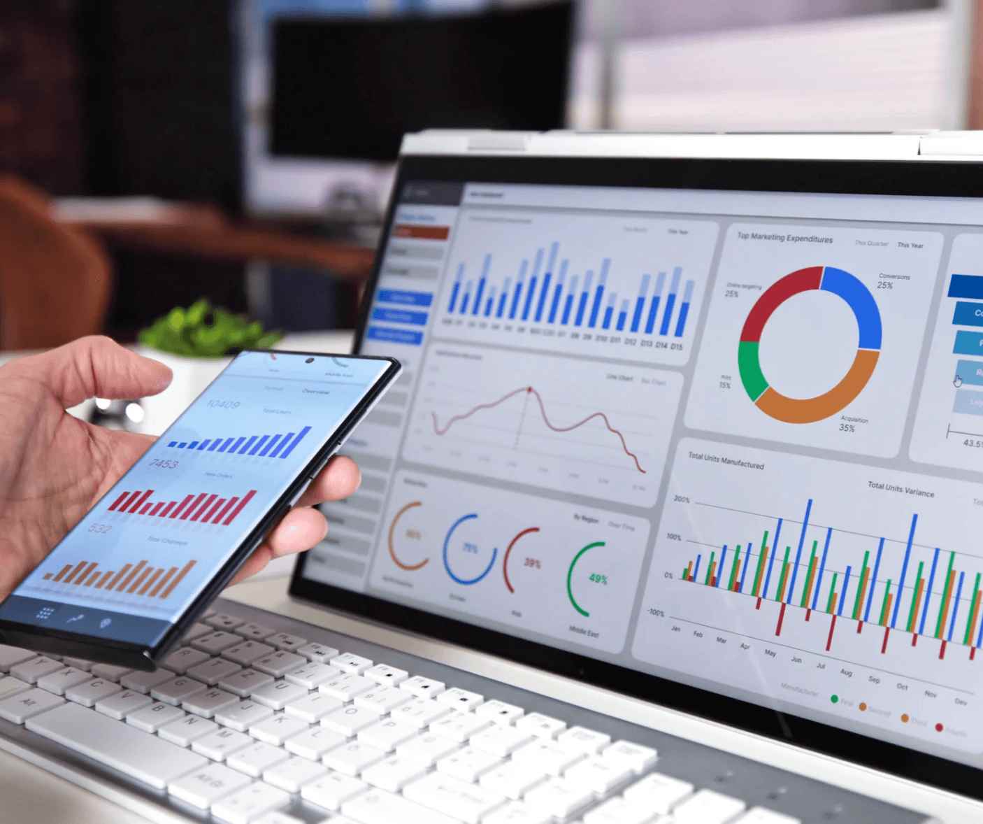 Laptop and smartphone displaying analytics dashboards with charts and graphs representing data-driven insights.
