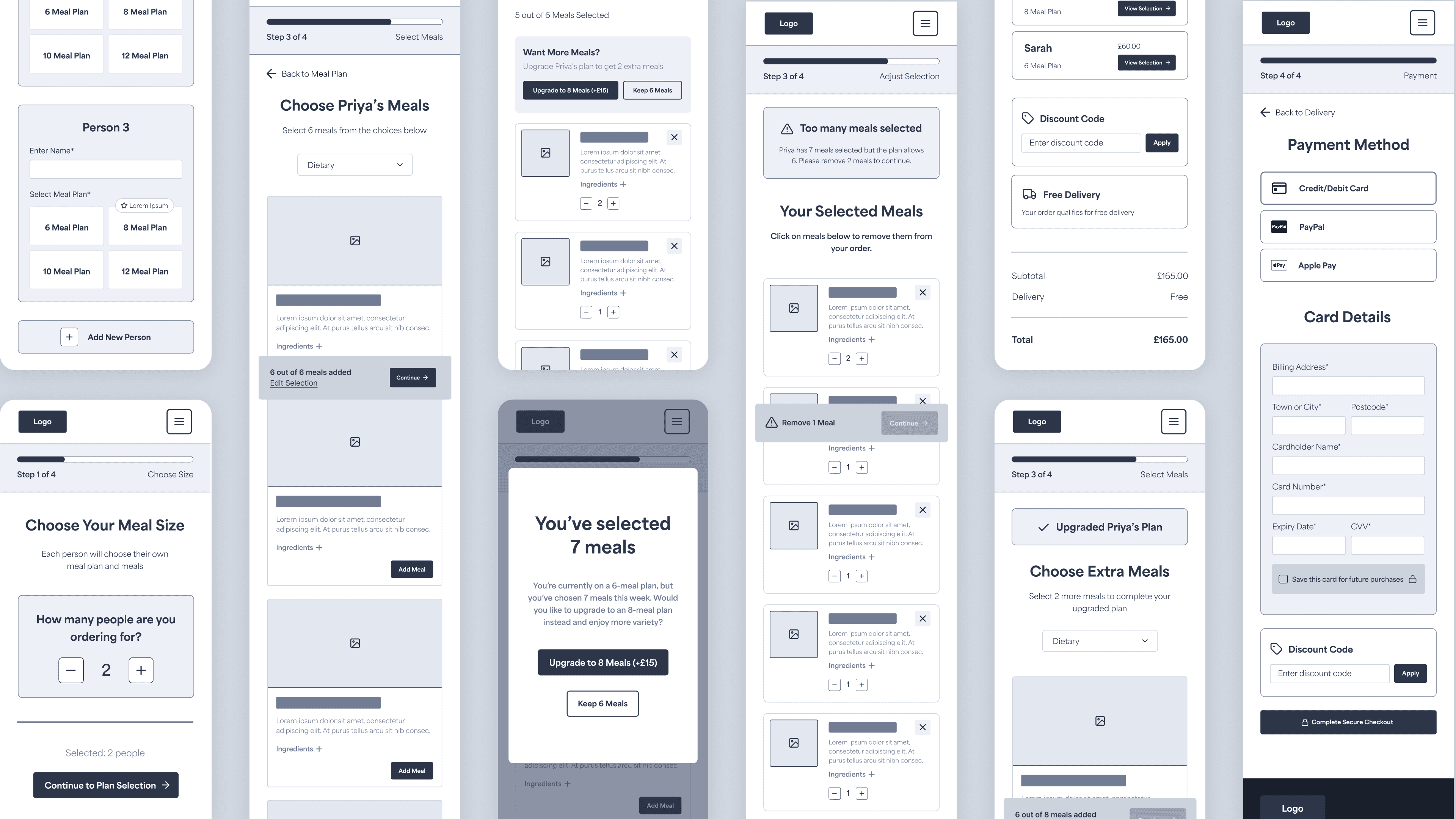 wirefames for a meal plan website