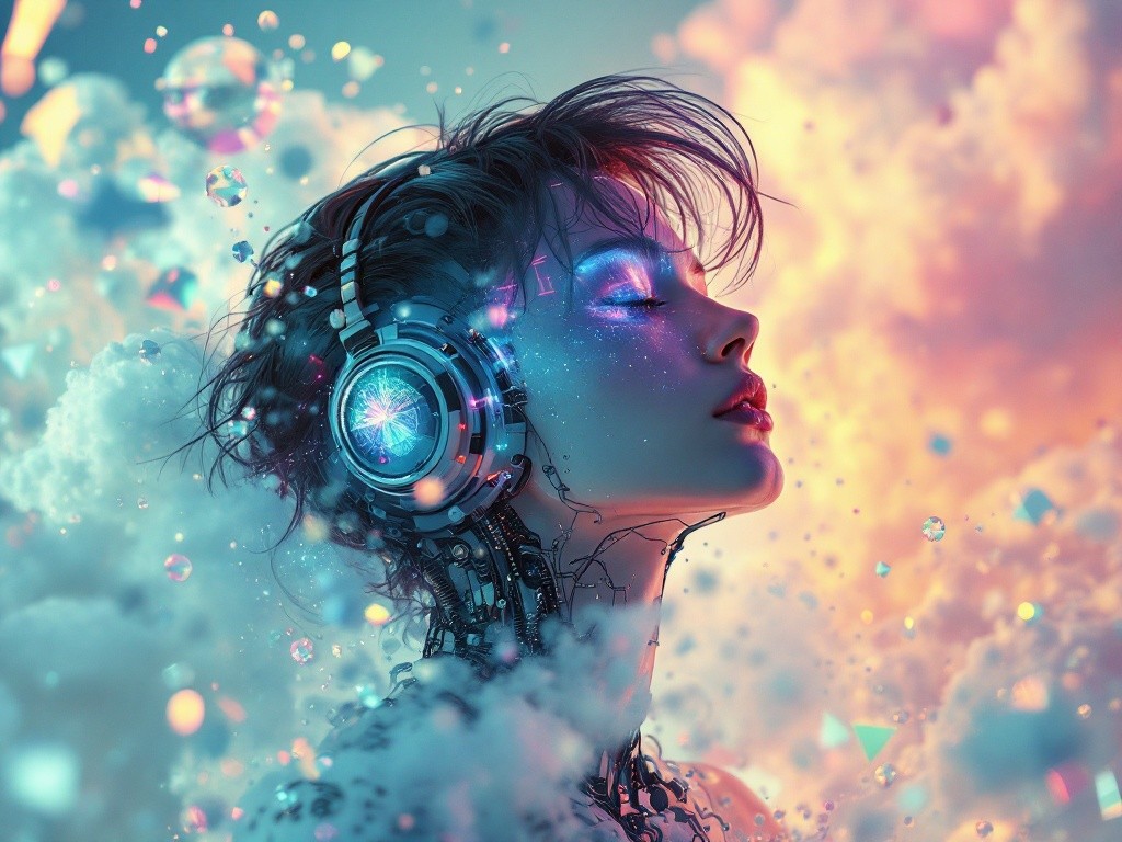 A digital painting of a woman with headphones on, surrounded by colorful clouds and crystals.