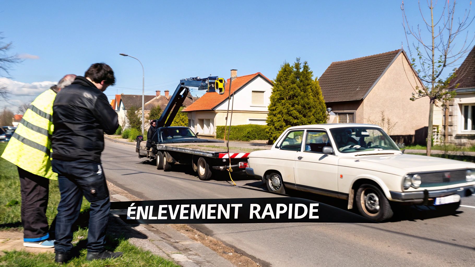Un dépanneur remorque une voiture sur une route de campagne, avec des spectateurs et des maisons en arrière-plan sous un ciel bleu.