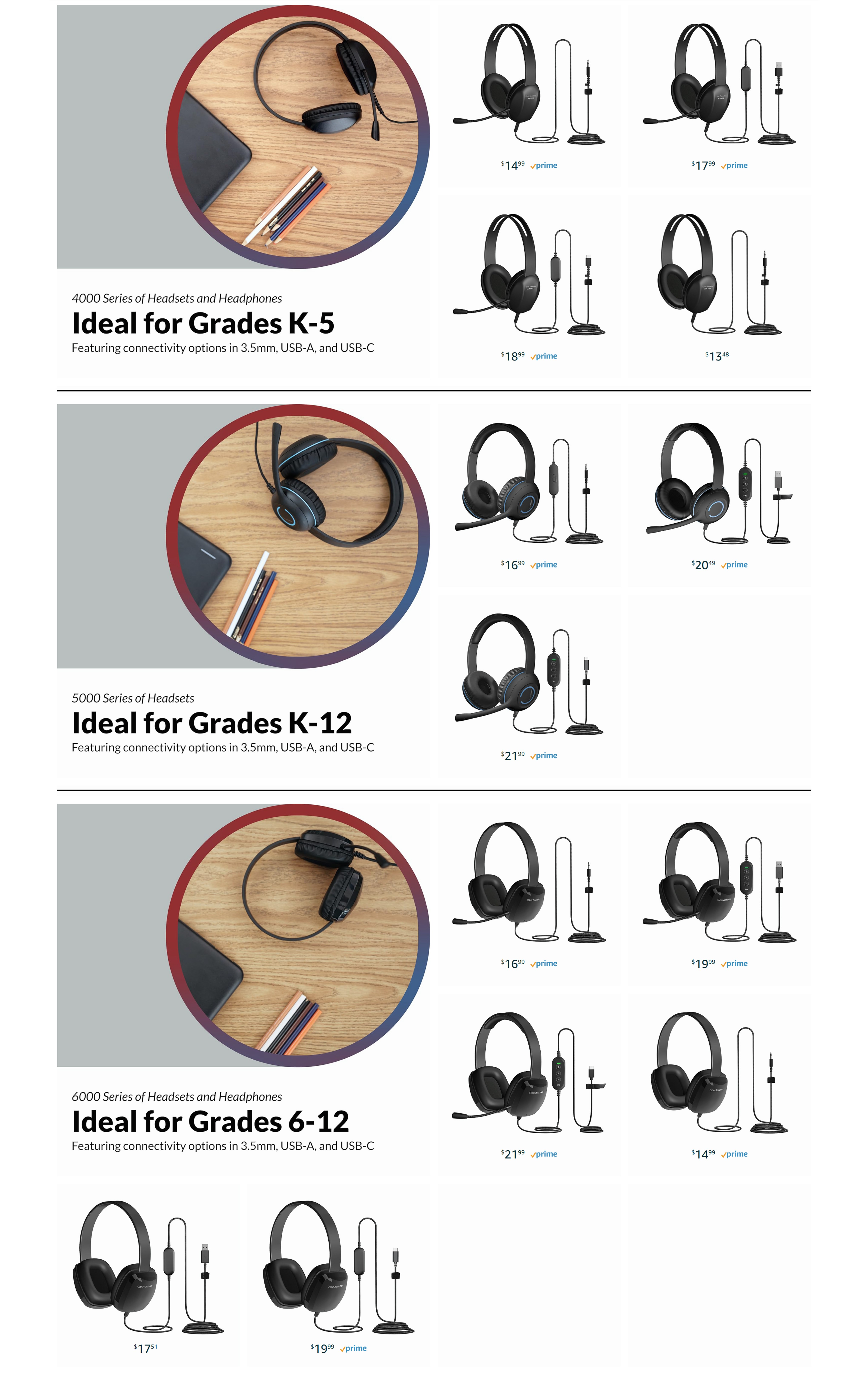 Amazon storefront section organizing Cyber Acoustics headset families by grade level.