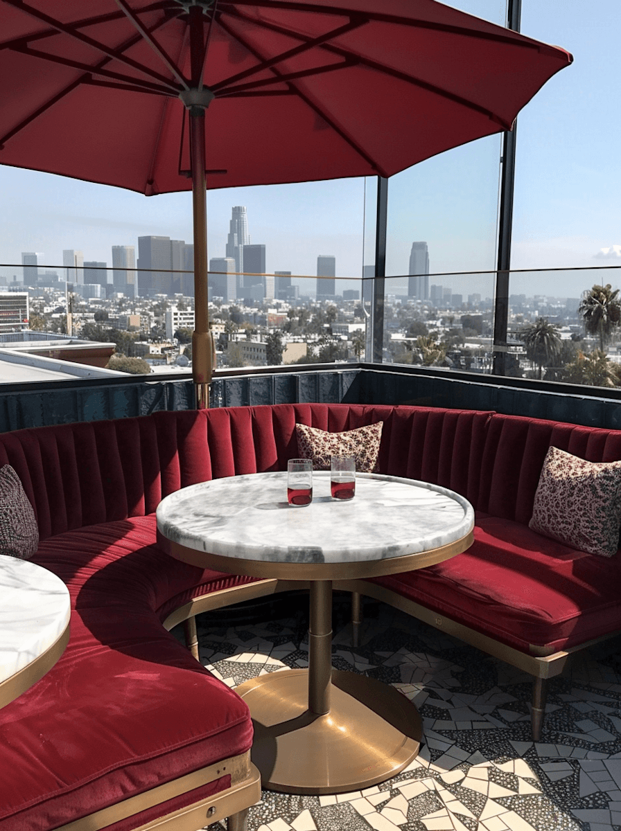 Elegant hotel restaurant with red velvet seating,  romantic table setting and breathtaking panoramic  city skyline view at Aurevil