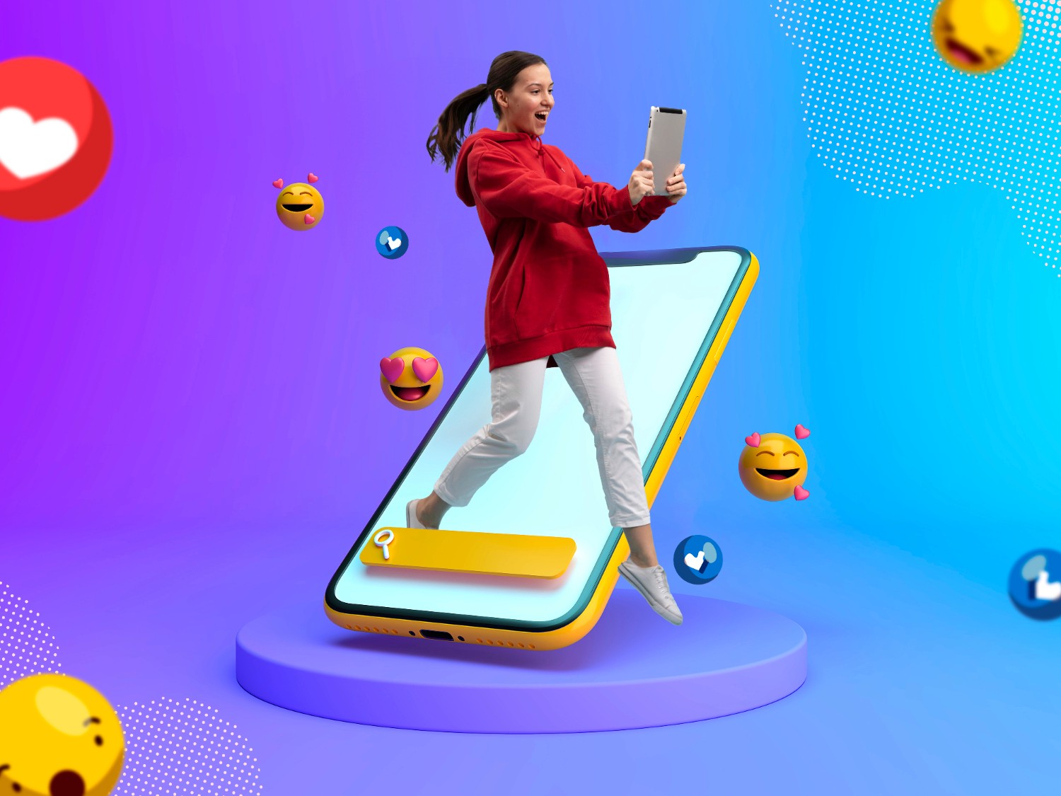 A woman is positioned on a smartphone, with vibrant emoticons floating around her, symbolizing diverse feelings.